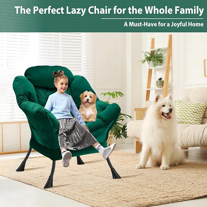 Youtanic Lazy Chair Thick Padded, Comfy Velvet Accent Lounge Chair with Stable Frame, Leisure Sofa Armchair with Armrests and Side Pocket, Reading Chair for Bedroom, Living Room, Office, Green