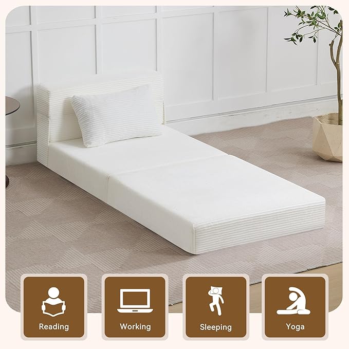 WUTUTUEE Folding Sofa Bed Convertible Floor Couch Foldable Chair Bed with Pillow，Linen Sleeper Chair Futon,Foldable Memory Foam Mattress for Bedroom/Living Room/Dorm/Office (Corduroy White, Single)