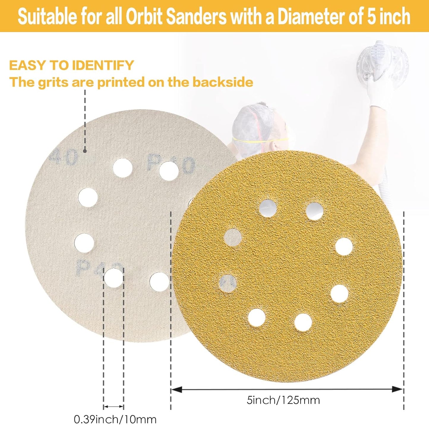 80PCS 5 Inch 8 Hole Sanding Discs 40 Grit,Gold Round Hook and Loop Sandpaper for Random Orbital Sander