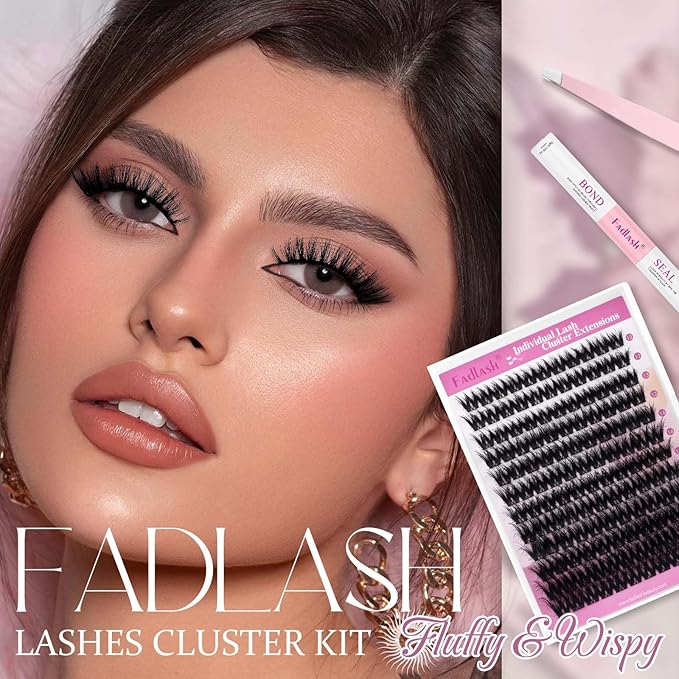 FADLASH Lash Extension Kit Lash Clusters Kit 12-18mm Cluster Lashes Eyelash Exctensions with Lash Bond and Seal and Lash Tweezers DIY at Home (L01 Kit)