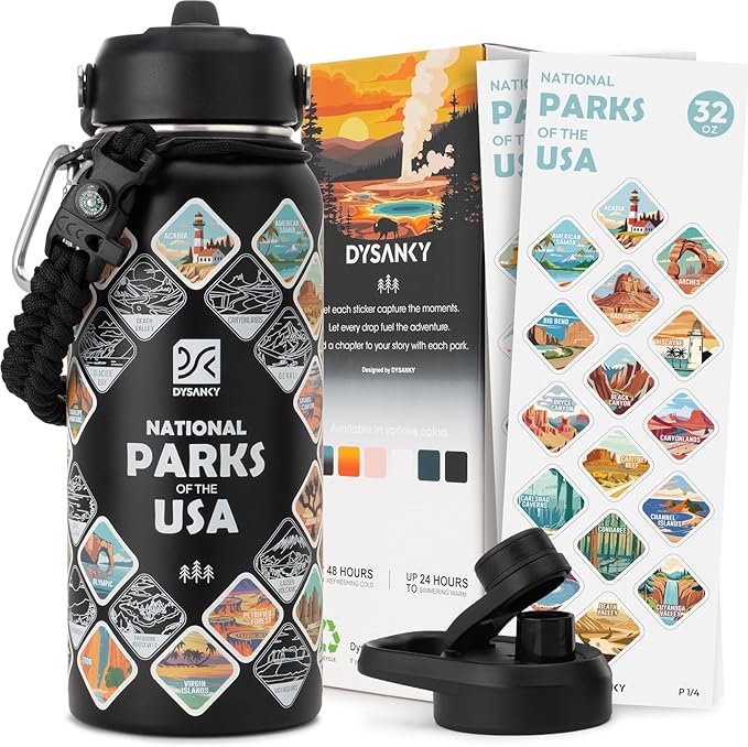 DYSANKY National Parks Water Bottle – 32 oz Insulated Stainless Steel Water Jug with 63 Hand-Drawn Park Stickers, Outdoor ...
