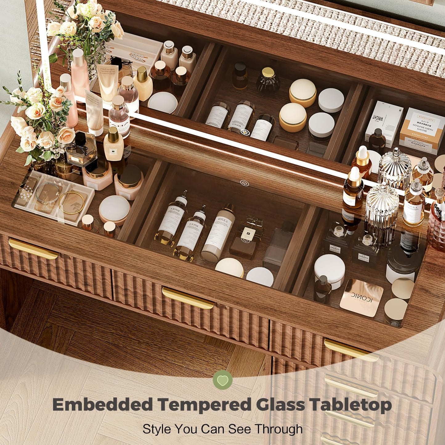 47“Makeup Vanity Desk with 44.8" Mirror and Lights, Vanity Desk with 7 Drawers, Makeup vanity table with a glass tabletop, 3 Color Modes & Adjustable Brightness Dressing Table, Bedroom,Walnut
