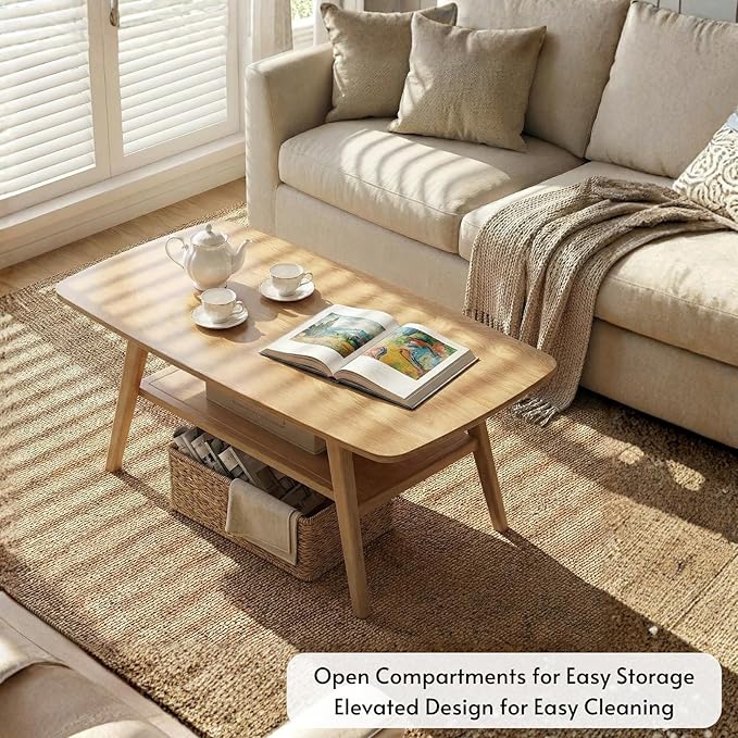 Hymus Coffee Table - 100% Solid Oak Wood- 2-Tier Coffee Table with Storage for Living Room, Eco-Friendly Finish, Easy Assembly (Natural, 39.37" D x 19.69" W x 17.32" H)