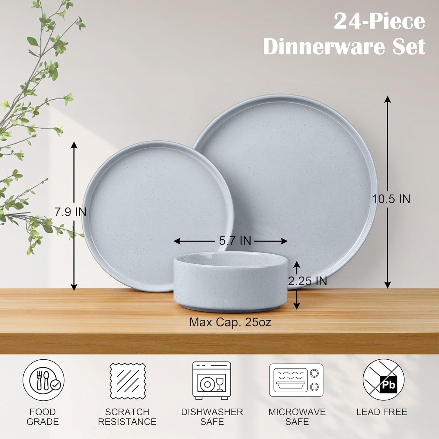 E-far Dinnerware Sets for 8, 24-Piece Stoneware Plates and Bowls Dish Set, Modern Kitchen Dinning Dishware, Chip and Scratch Resistant, Microwave & Dishwasher Safe, Speckled Gray