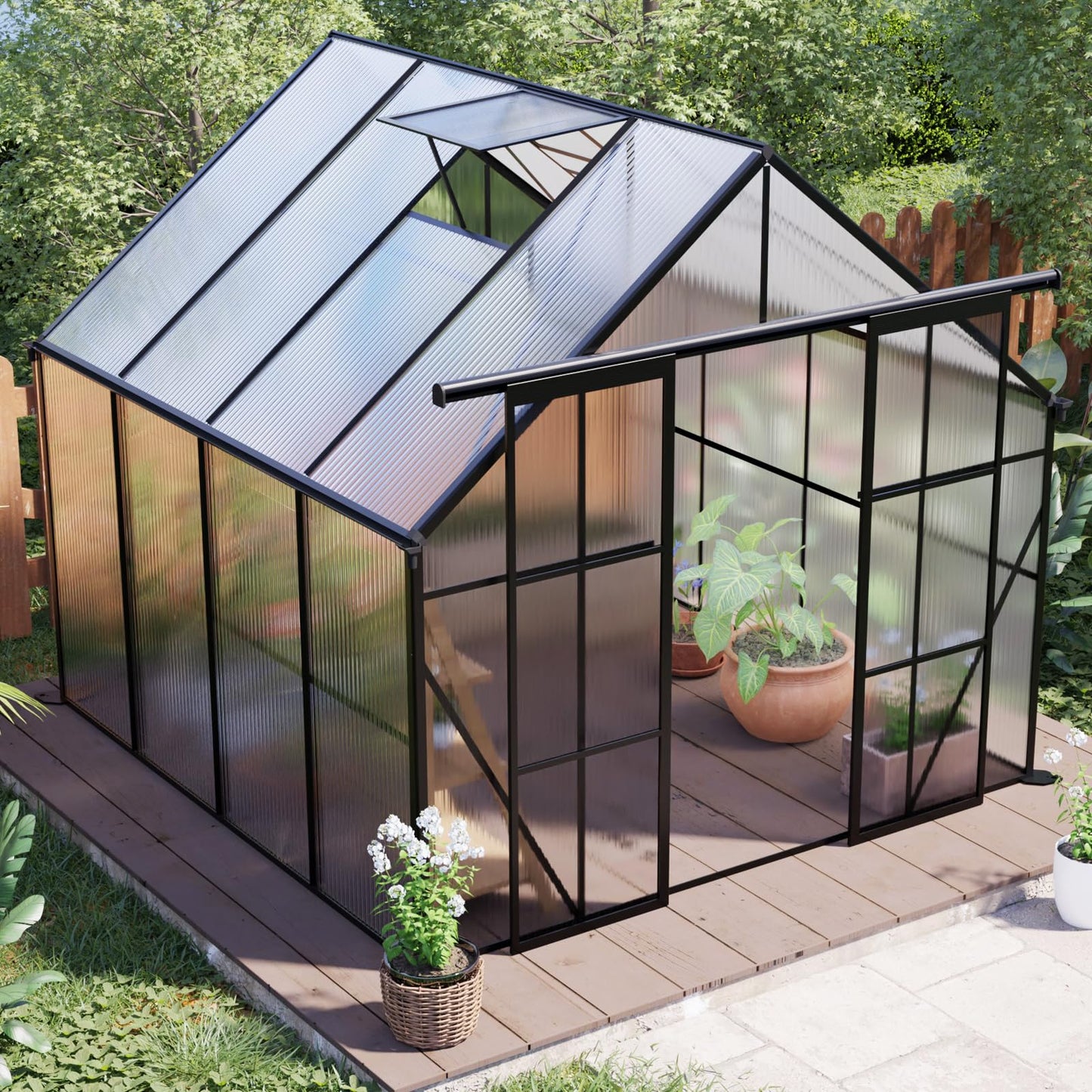 8x8 FT Black Outdoor Walk-in Polycarbonate Greenhouse Dual Sliding Doors Adjustable Roof Vent Aluminum Frame Galvanized Base Heavy Duty Backyard Gardening Plant House UV Resistant Greenhouse Kit