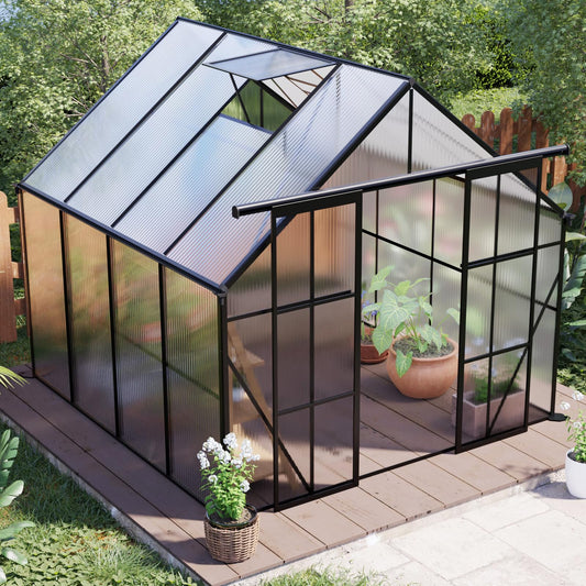 8x8 FT Black Outdoor Walk-in Polycarbonate Greenhouse Dual Sliding Doors Adjustable Roof Vent Aluminum Frame Galvanized Base Heavy Duty Backyard Gardening Plant House UV Resistant Greenhouse Kit