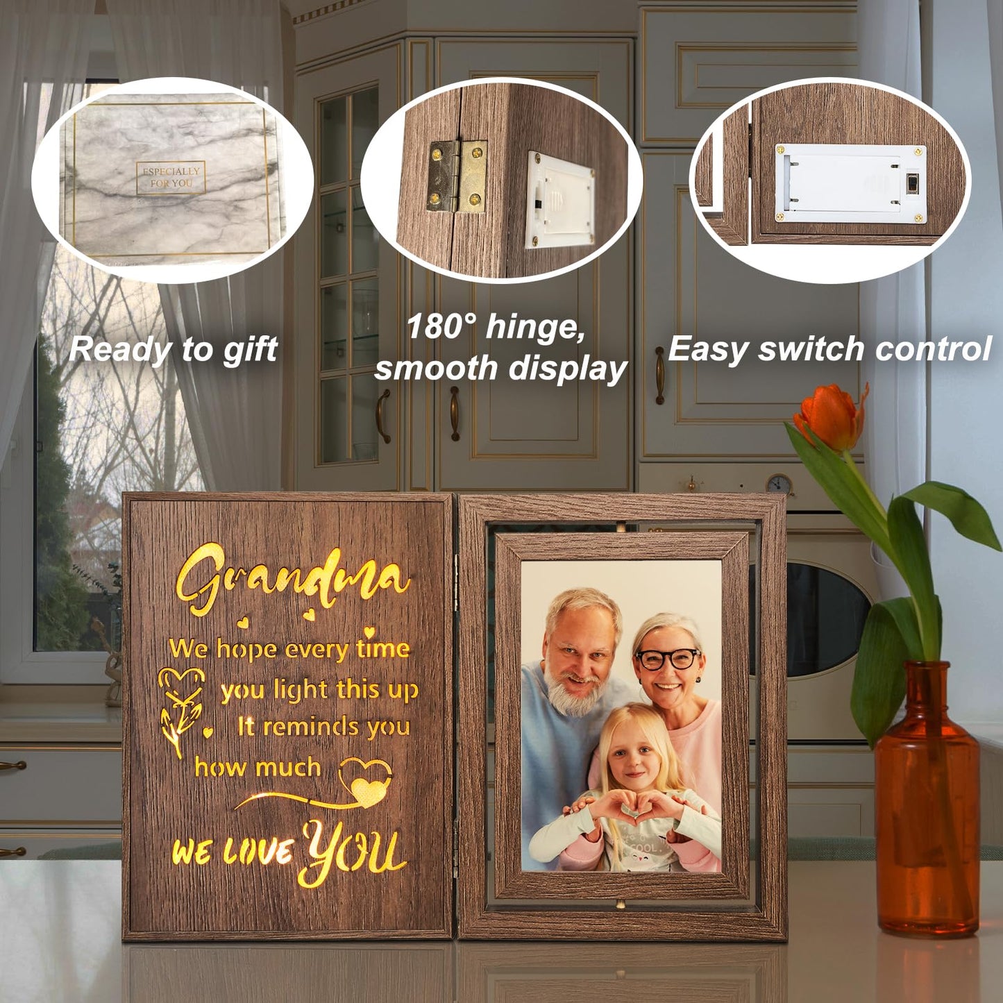 EYITUPC Grandma Picture Frame with Light Up Message – Rotating Double Sided 4x6 Photo Frame – Rustic Brown Gifts for Grandma from Grandkids – Mother's Day Birthday Christmas Gift for Grandma