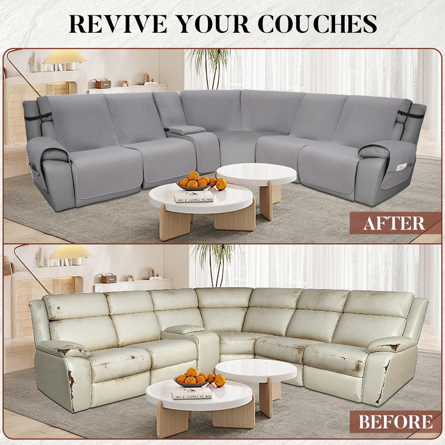 YUEVELLA Velvet 1OO% Waterproof Reclining Sectional Couch Covers for Sectional Sofa L Shape 8-Piece Quilted Corner Recliner Sofa Cover Slipcovers Set Washable (5 Seater with 1 Console, Silvery Grey)