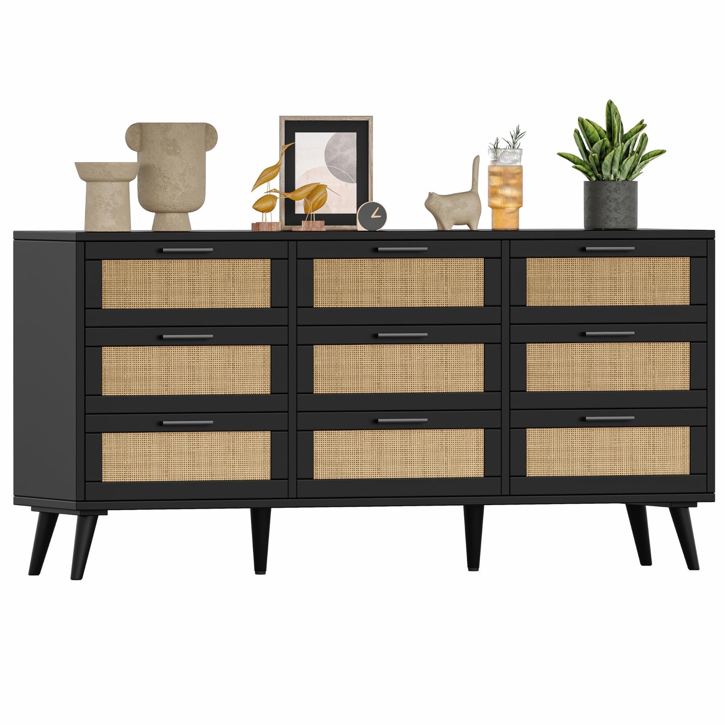 Rovaurx 9 Drawer Double Dresser for Bedroom, Rattan Chest of Dressers, Modern Wooden Dresser Chest with Golden Handles, Beside Table for Closet, Living Room and Entryway, Black and Natural