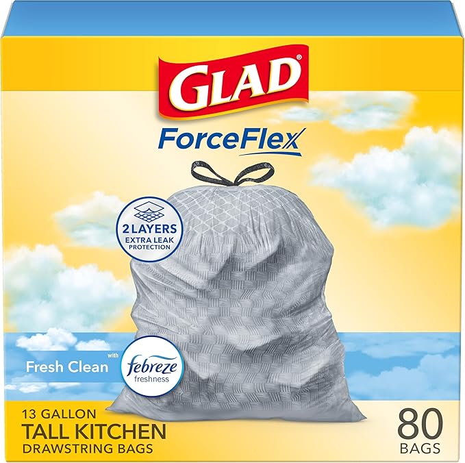 Glad ForceFlex Tall Kitchen Drawstring Trash Bags, 13 Gal, Fresh Clean, 80 Ct (Package May Vary)