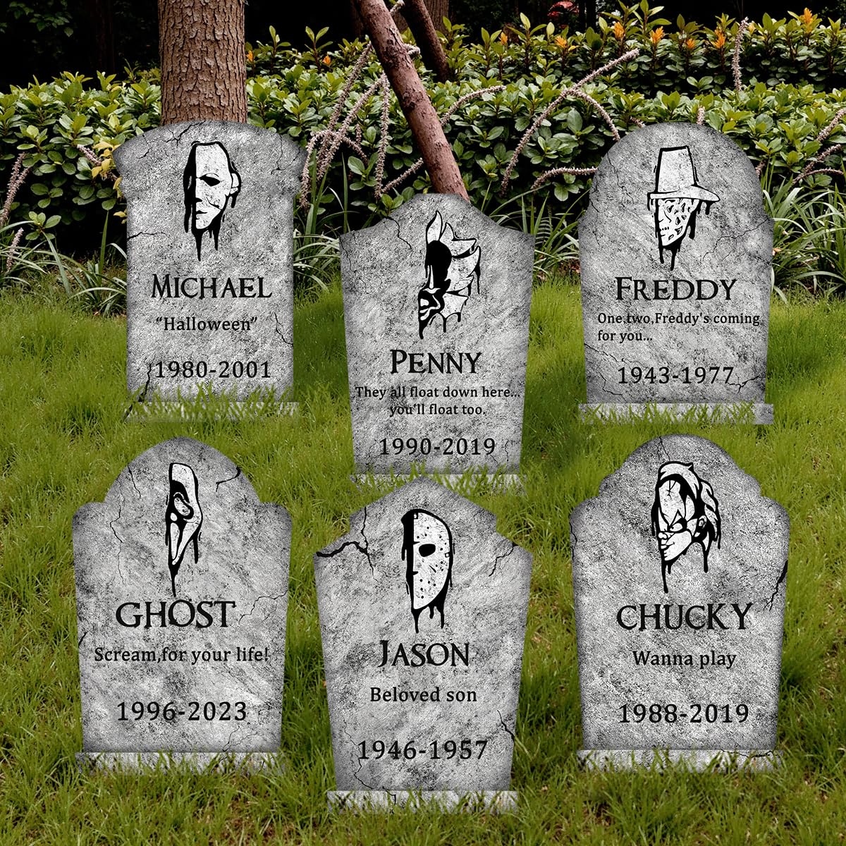 Halloween Decorations Outdoor Graveyard Tombstones: 6ct Large Tombstone Halloween Decor Yard Signs with Stake, 17" Tall Scary Gravestones with Half Killer Face, Waterproof Lawn Decor Outside, Not Foam