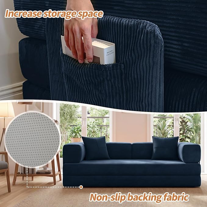 Fancyfire 78.8" Convertible Sofa Bed with Armrest Pillow,4-in-1 Sleeper Couch Bed for Livingroom,Modular Corduroy Boneless couches,No Assembly (Blue)