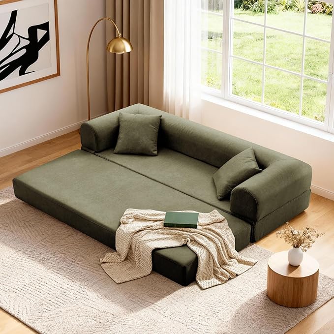 GJQ Convertible Folding Sofa Bed,78.5 Inch Faux Leather Futon Couch with Pillows & Storage Pocket,5-in-1 Queen Sleeper Sofa in a Box with Pull Out Bed,Boneless Couch for Living Room Bedroom,Green