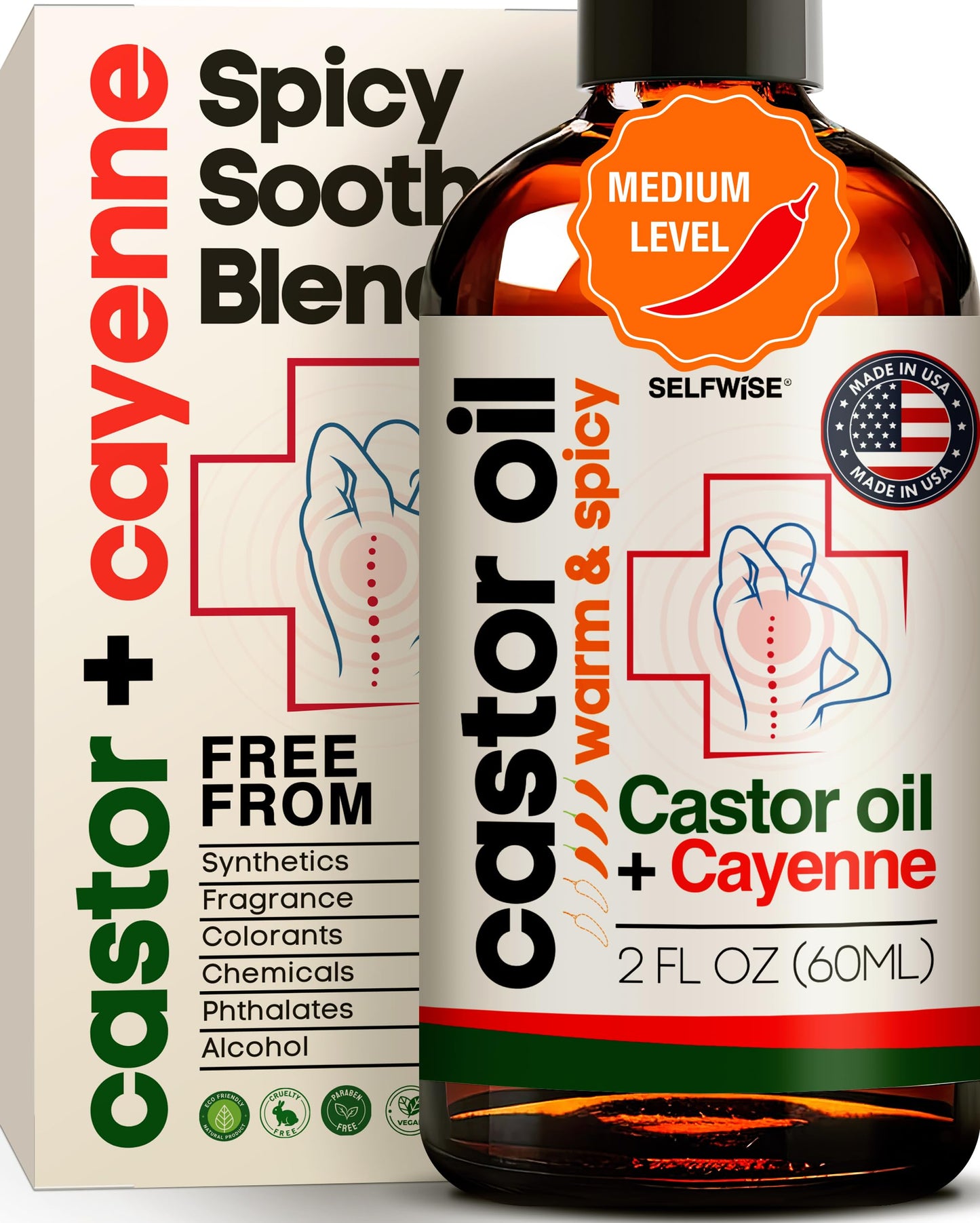 SELFWISE Organic Castor + Cayenne Joint & Body Oil - Warm & Spicy - Moderate Heat for Knees, Elbows, Shoulders & Post-Activity R
