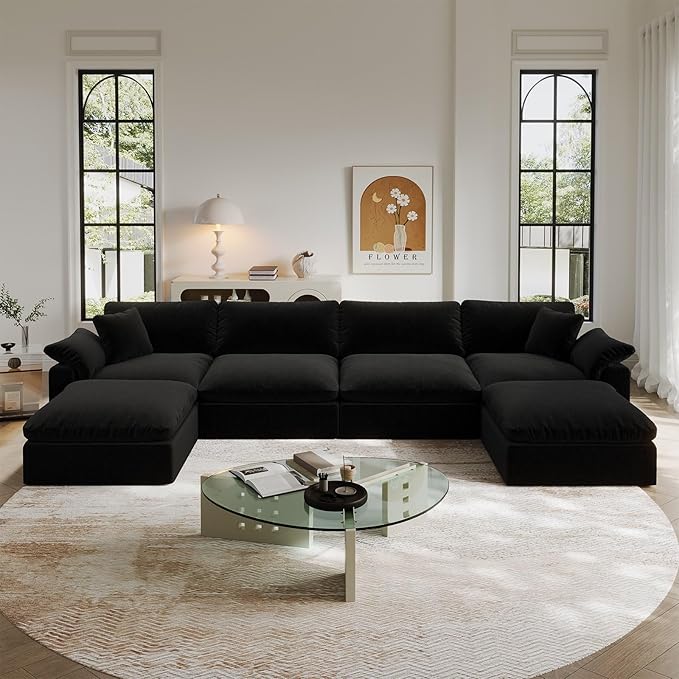 Intuition Decor Modular Sectional Sofa,Extra Comfty Deep-Seat-Filled Couch,Black 6 Seat U Shape Sofas with Movable Ottoman,Modern Couches for Living Room, Apartment, Office,Small Space