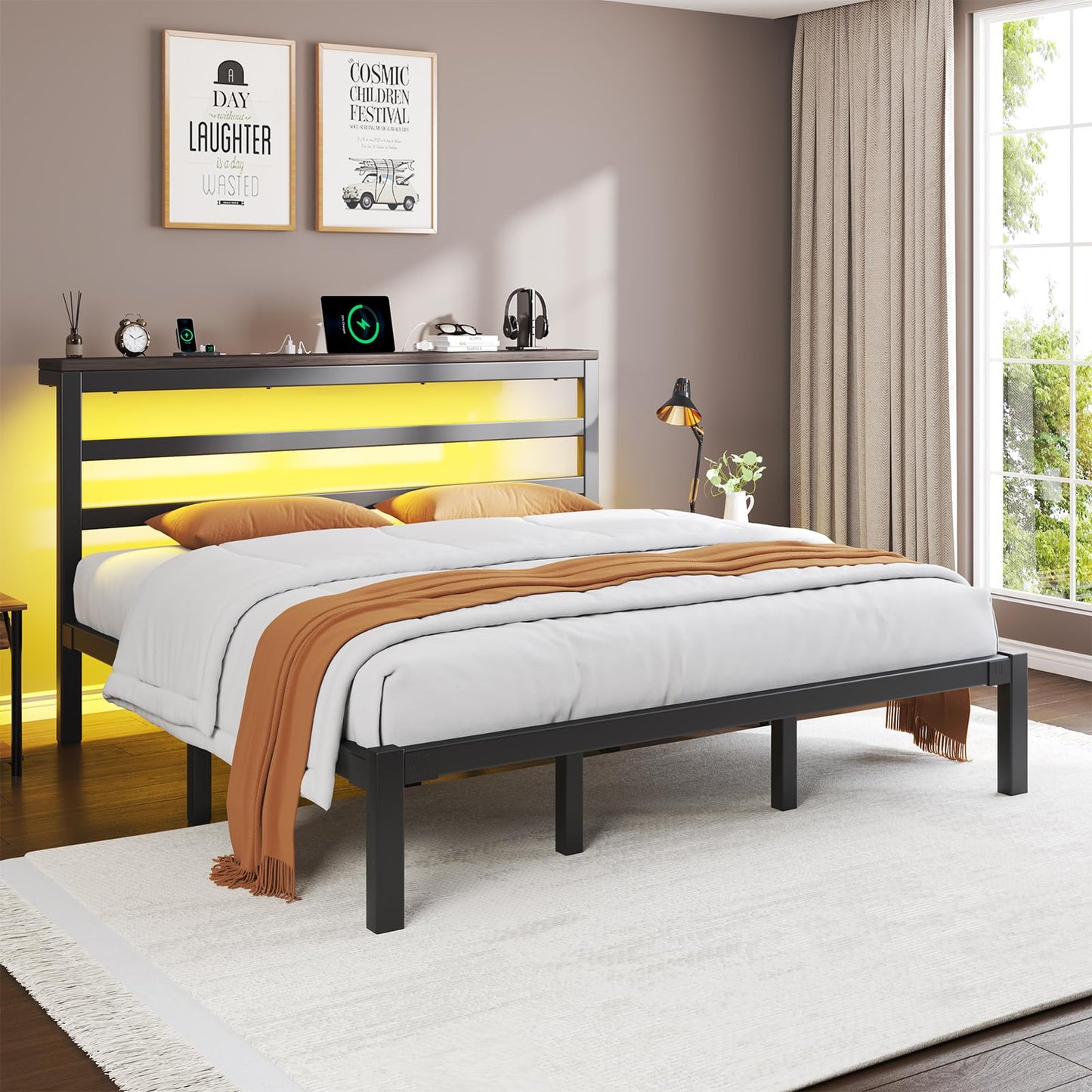 E-Motie King Size Bed Frame with Storage Headboard, Industrial Platform Bed with Charging Station and LED Lights,Underbed Storage Space, No Box Spring Needed, Easy Assembly, Modern, Black