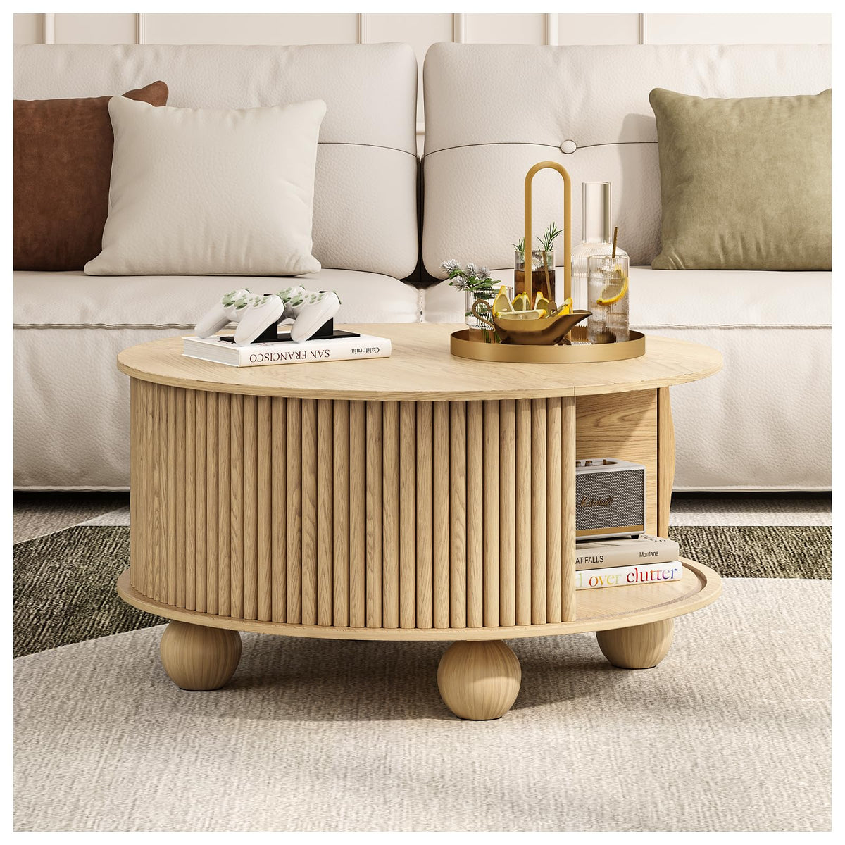 JOINICE,Round Coffee Table with Storage,Fluted Lift Up Coffee Table with Sliding Door,31.5" Drum Center Table with Bun Feet for Living Room,Home Small Space,Oak