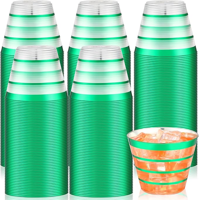 Yaomiao 100 Pcs 9oz Rimmed (4 Ring) Disposable Cups Clear Disposable Wine Glasses Plastic Cup Plastic Cocktail Cups for Ch...