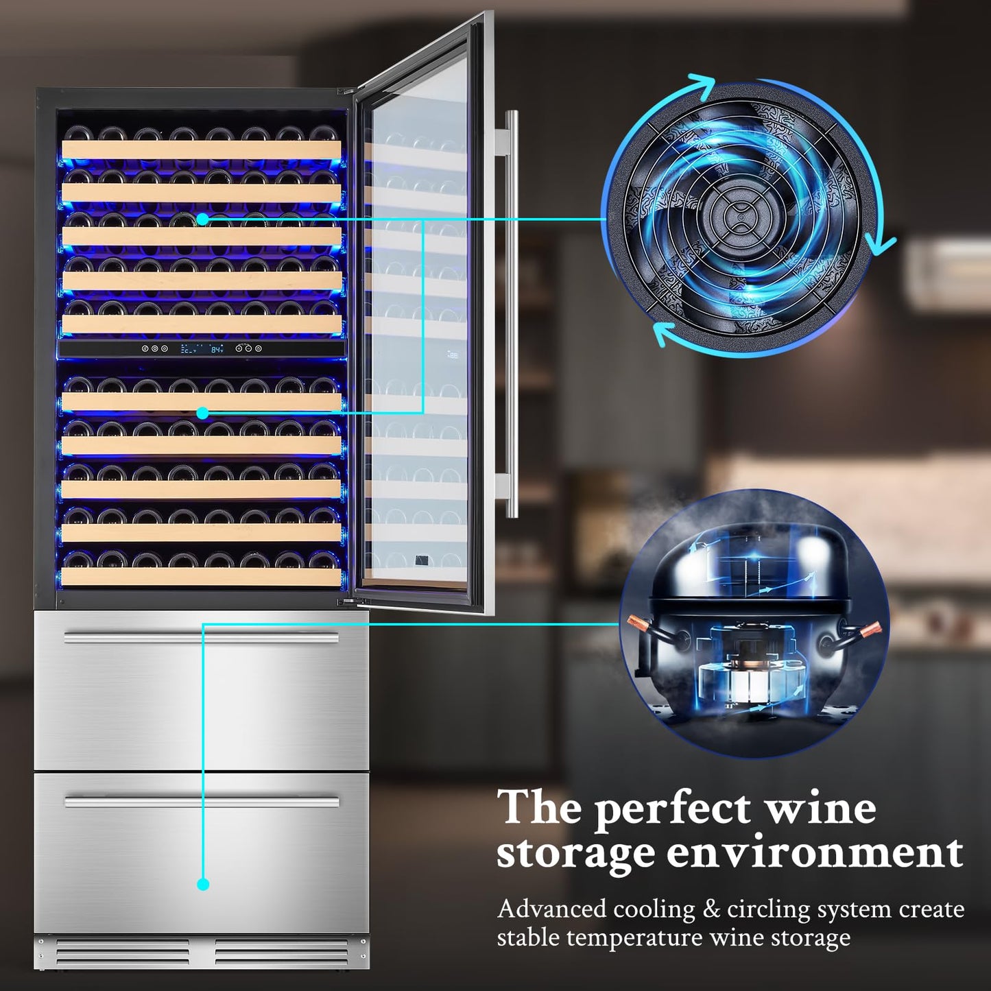 BODEGACOOLER Wine and Beverage Refrigerator, 30 Inch 2 IN 1 Dual Zone Wine Cooler,Built-in or Freestanding Beverage Cooler, Soft LED Light Hold 150 Bottles and 234 Cans