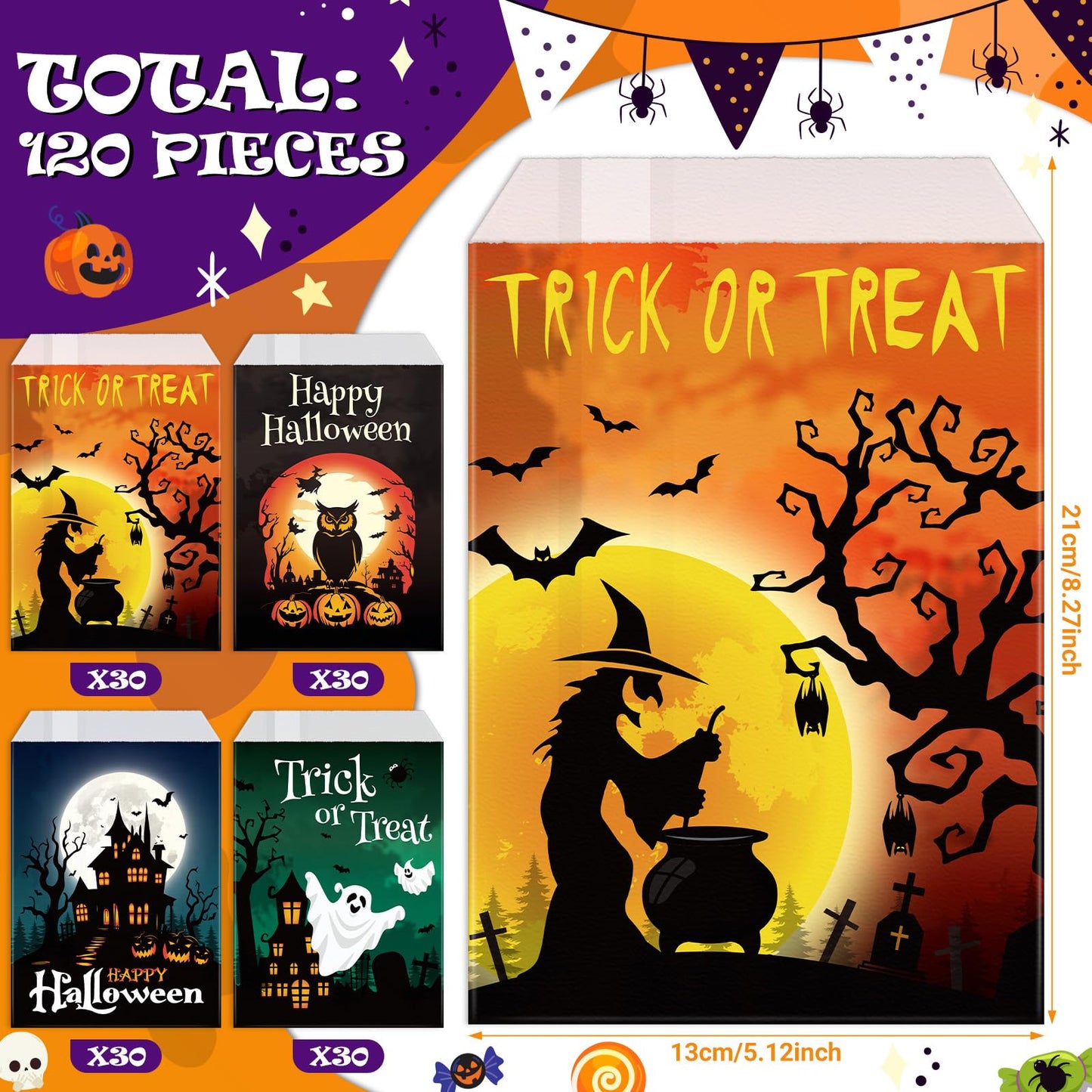 Nezyo 120 Pcs Halloween Treat Bags Halloween Paper Gift Bags Ghost Pumpkin Spider Candy Goody Pouches for Scary Holiday Party Chocolate Cookies Goodies Wrapping Supplies Decoration