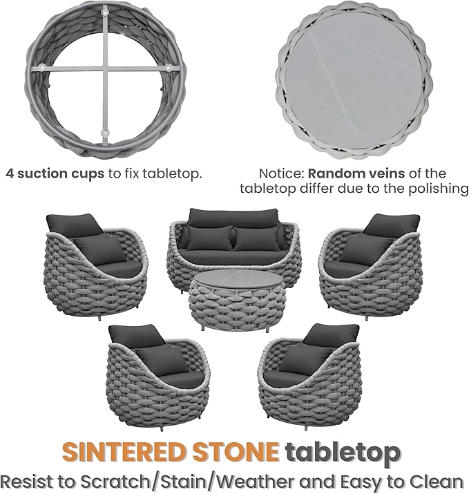 Erotr Aluminum Outdoor Patio Furniture Set: 6 Pieces Porch Rope Conversation Sofa Set - Modern Woven Deck Couch Set Cushioned - No Assembly All Weather Seating for 660lbs Yard Garden Lanai Hotel Pool