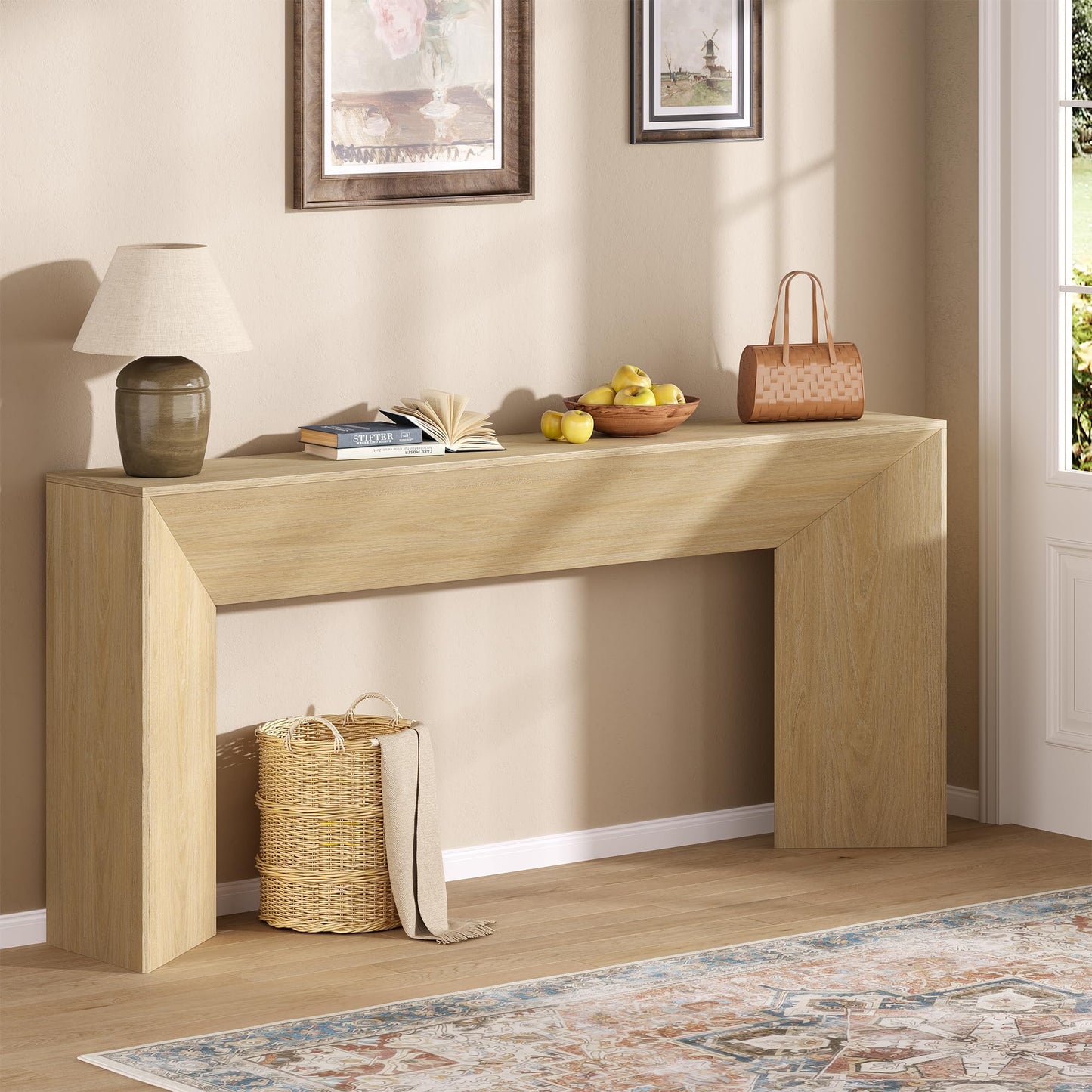 knoworld 70.9 Inch Long Console Table, Farmhouse Entryway Table with Sturdy Triangular Base, Wood Narrow Behind Couch Sofa Table for Living Room, Hallway, Foyer, Natrual Oak