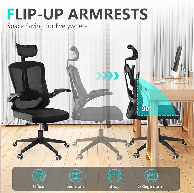 balmstar Office Chair,Ergonomic Comfy Home Desk Chair with 350LBS Capacity,High Back Gaming Chair with Wheels,Mesh Computer Chair,Lumbar Support, Adjustable Headrest,Flip-up Armrest (A-All Black)
