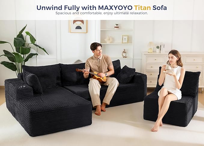 MAXYOYO 132" Oversize Modular Sectional Couch with L-Shape Chaise, Modern Boneless Couch for Living Room, Sofa in A Box, Oversized Sofa Sleeper with Deep Seat, No Assembly Required, Black