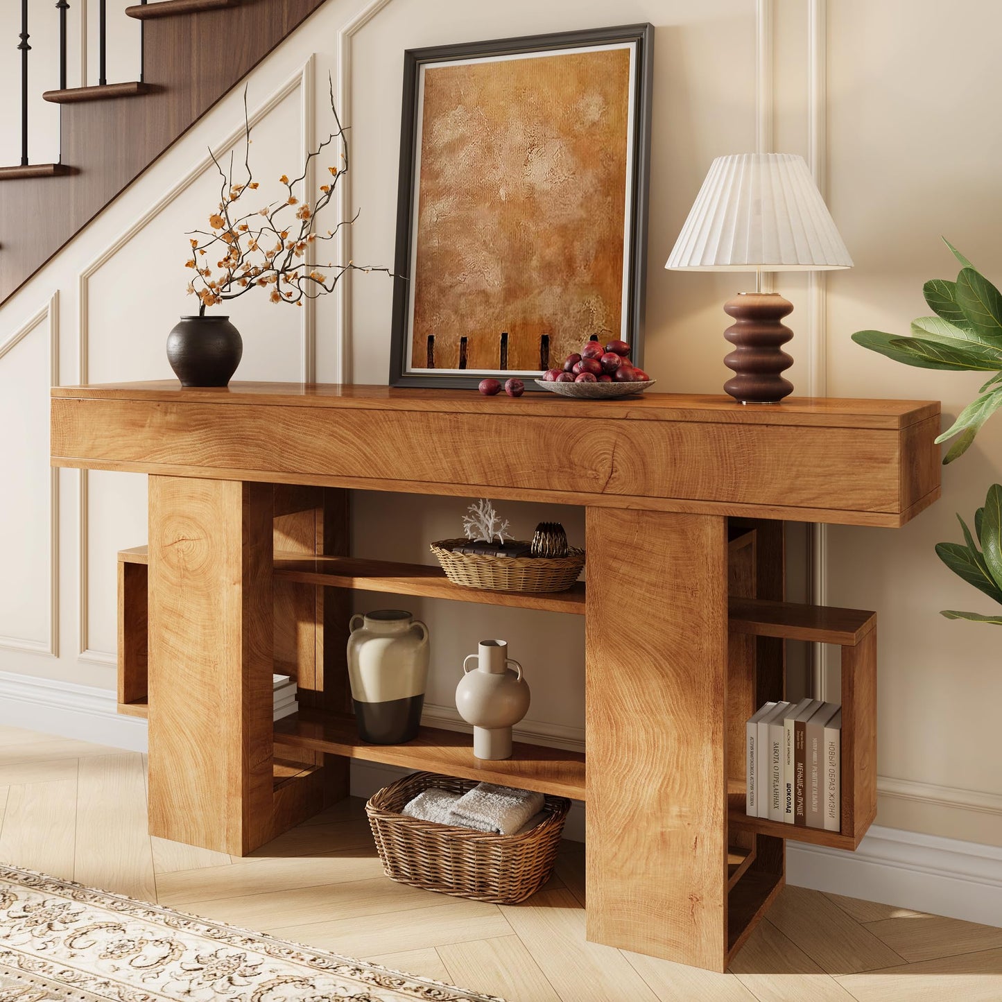 Einhomn 63 Inch Console Table with Storage, Looped Frame 3-Tire Wooden Sofa Table Behind The Couch, Farmhouse Entry Foyer Table for Entryway, Living Room, Hallway, Natural