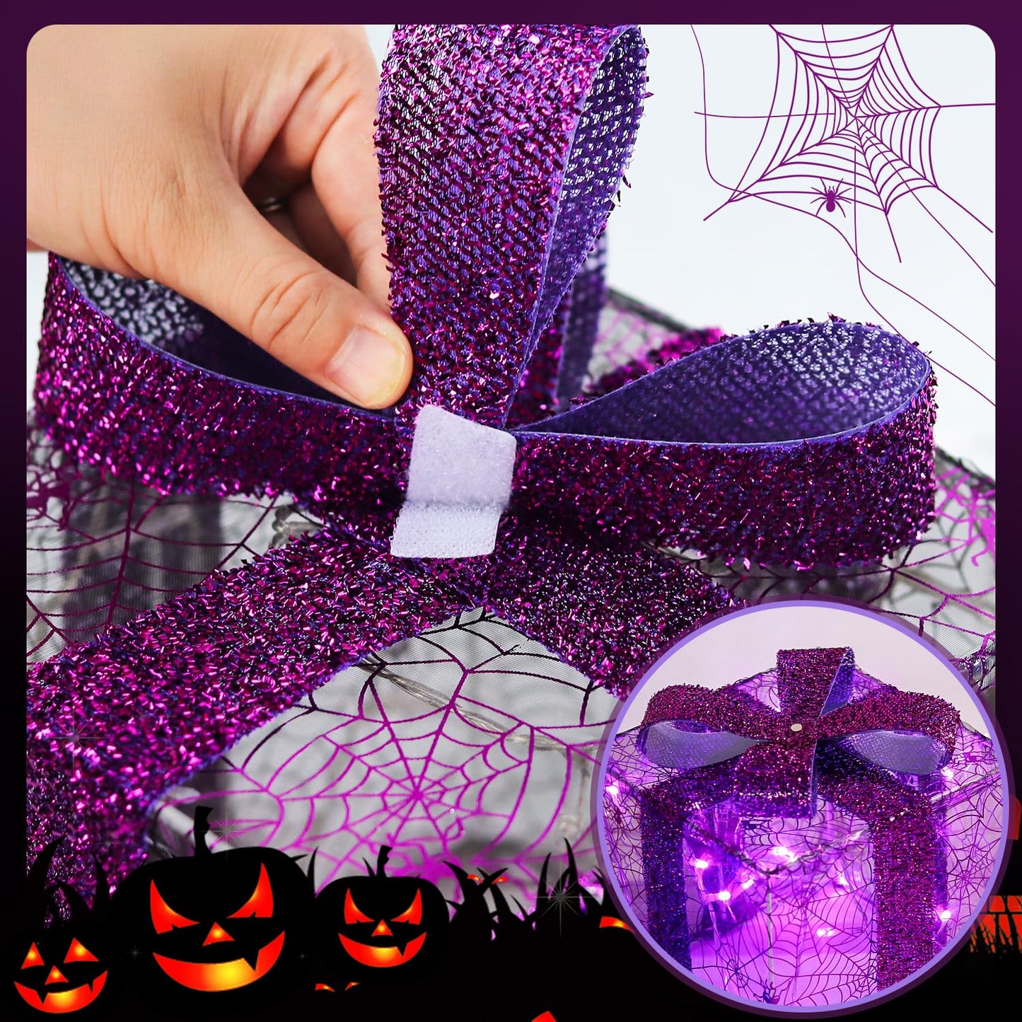 Set of 3 Halloween Lighted Gift Boxes Decorations - 60 LEDs Spider Web Halloween Present Boxes with Creepy Crawler, Warm White Light Home Party Favors for Haunted House