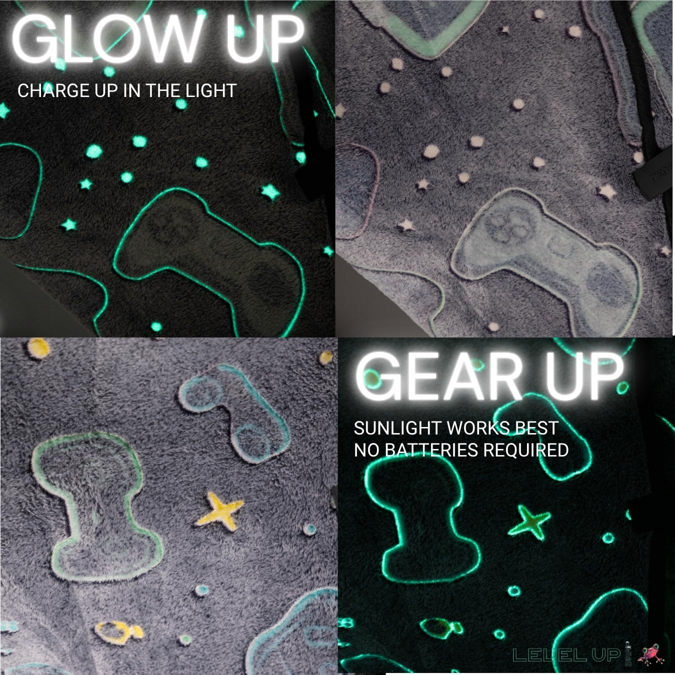 LEVEL UP WRAP® – Glow-in-The-Dark Gaming Chair Blanket with Hood | Cozy, Oversized Fit | Secure Attachment | Easy-Wash, Eco-Friendly Fleece | Gamer Gift | Pattern: Cosmic Controllers