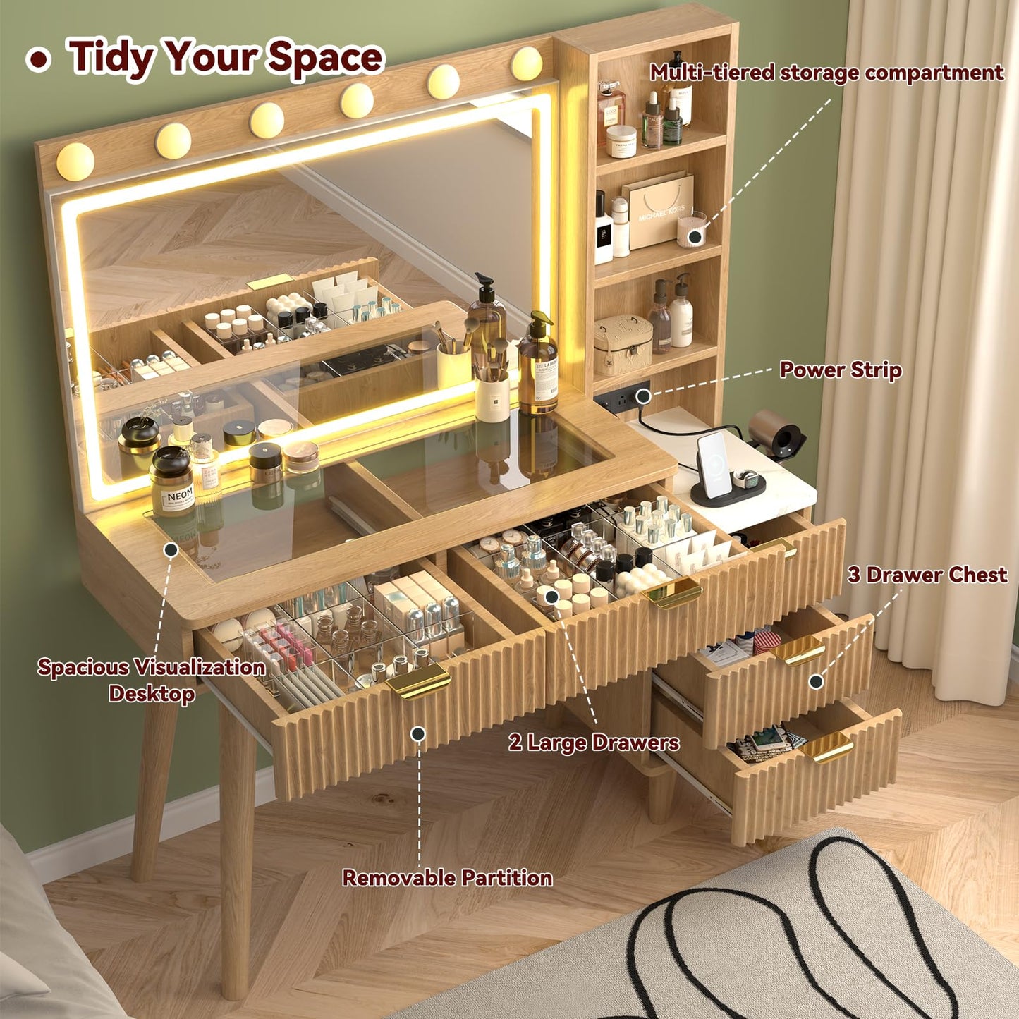 SFDOU 43" Fluted Makeup Vanity Desk with 32" Mirror and Lights, Modern Glass Top Large Vanity Table with 5 Drawers and 3 Storage Shelves, Dressing Table Set with Charging Station for Bedroom-Gray