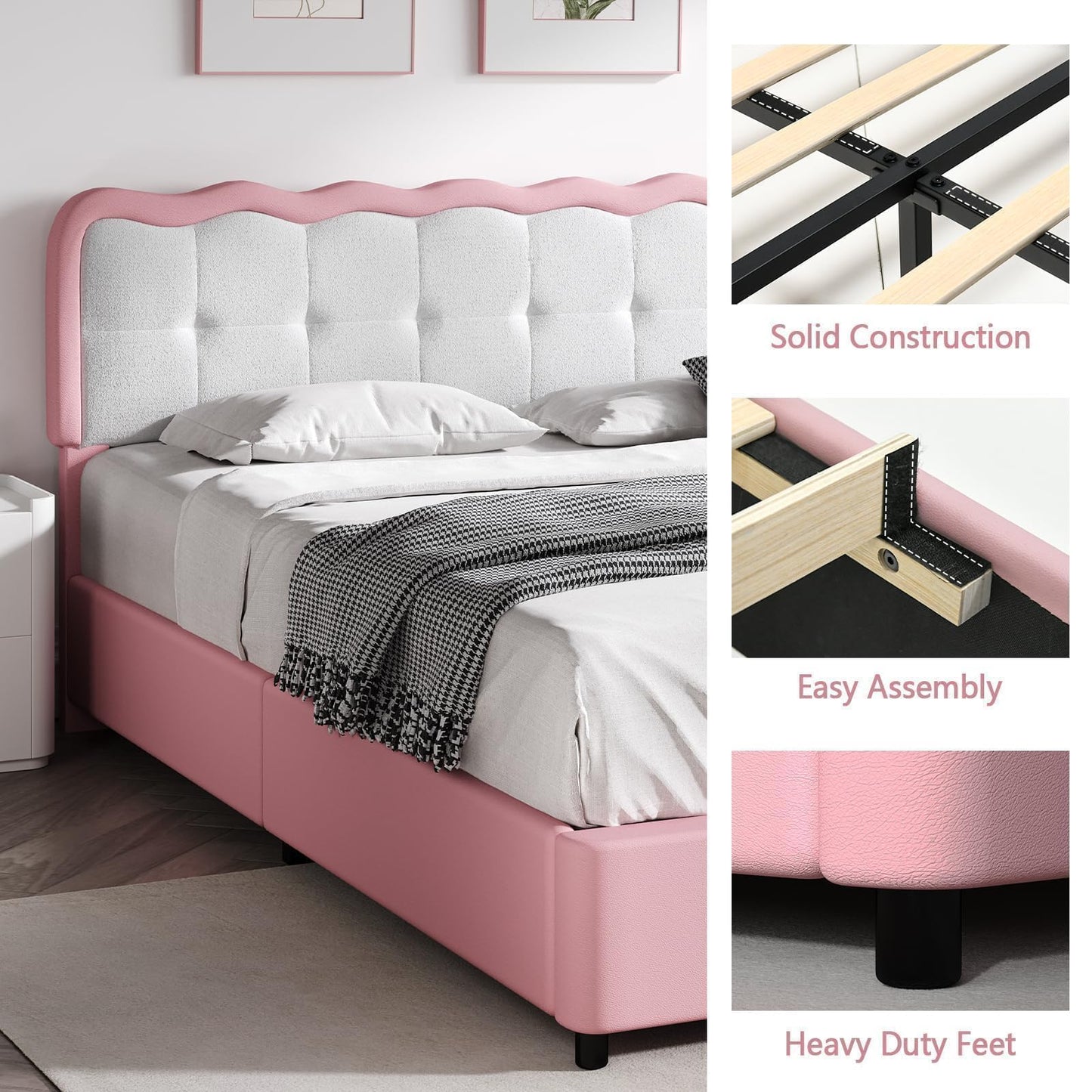 Twin Bed Frame, Upholstered Platform Bed with Cloud Headboard, Anti-Collision Soft Rounded Corners, No Box Spring Required, Easy Assembly, Pink