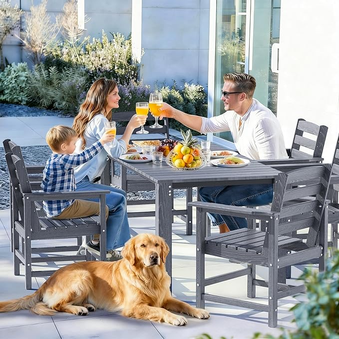 PamapicLife Outdoor HDPE Dining Table Set, 7-Piece Outdoor Dining Table Sets, Wood Grain Patio Furniture Sets with Umbrella Hole for Porch, Backyard, Gray