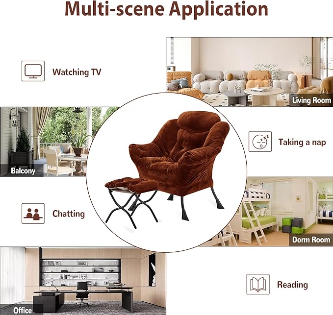 Youtanic Lazy Chair with Folding Ottoman, Accent Chair Plush Upholstered with Metal Structure and Non-Slip Pads, Sofa Armchair with Footrest and Side Storage Bag for Dorm, Room, Office, Brown