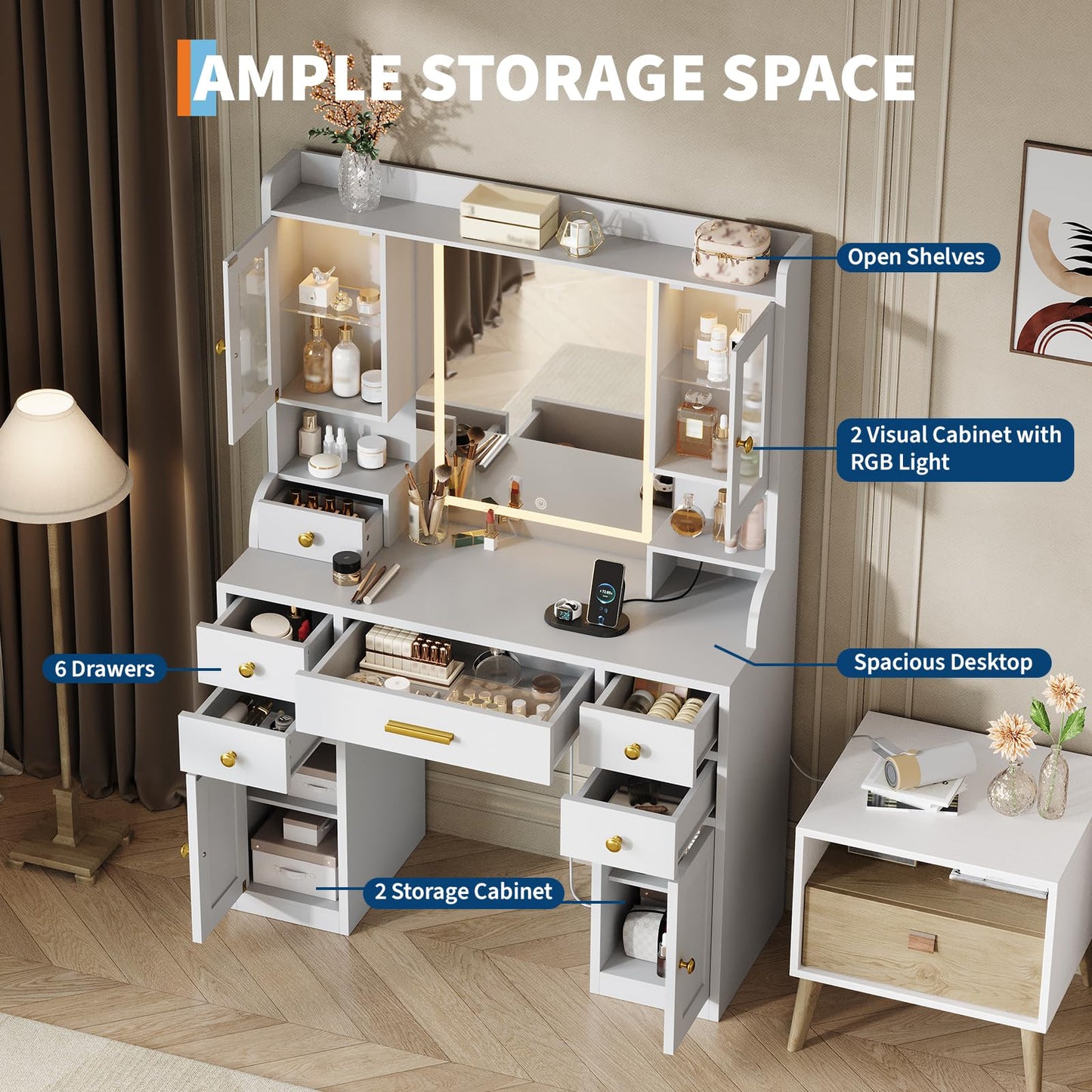 Garvee White Vanity Desk with Charging Station and LED Mirror, Large White and Gold Makeup Dressing Table, 3 Light Modes, 6 Drawers, Cabinet and Shelves