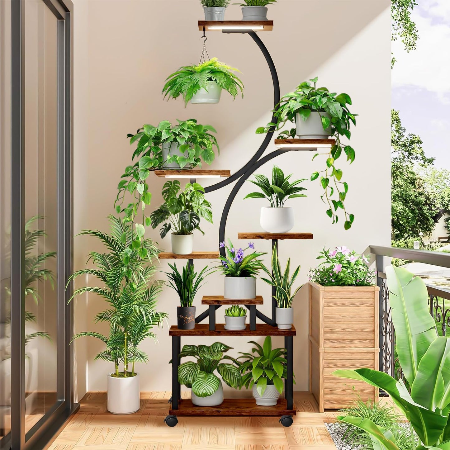 Indoor Plant Stand with Grow Lights ，Stylish S-Shaped Metal Rack for Multiple Indoor Holder Plants ，8-Tiered 62" Tall Plant Shelf for Home and Patio ，Perfect for Plant Lovers (Black-With roller)