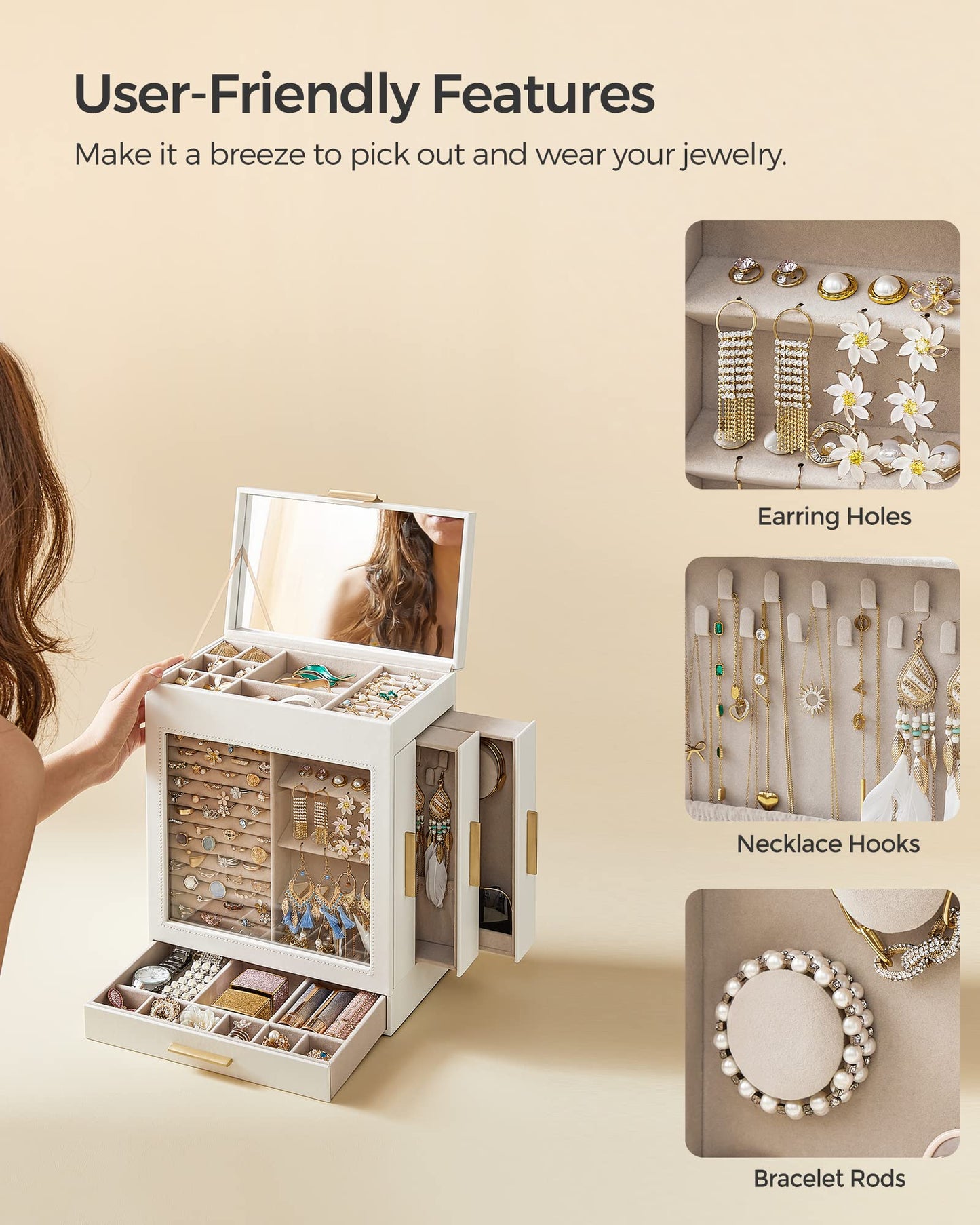 SONGMICS Jewelry Box with Glass Window, 5-Layer Jewelry Organizer with 3 Side Drawers, Jewelry Storage, with Big Mirror, Modern,