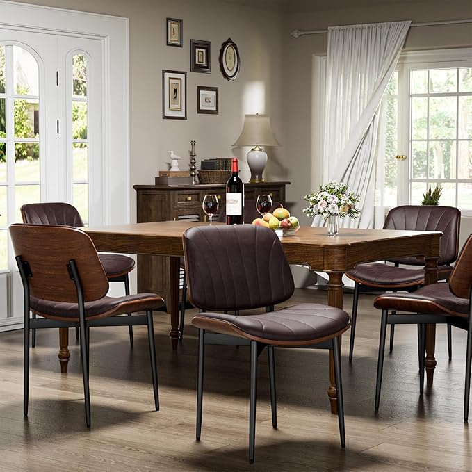 YaFiti Dining Chairs Set of 8, Dining Room and Kitchen Chairs, Mid Century Modern Accent Chair, Upholstered PU Leather Chairs for Vanity with Walnut Bentwood and Metal Legs, Brown
