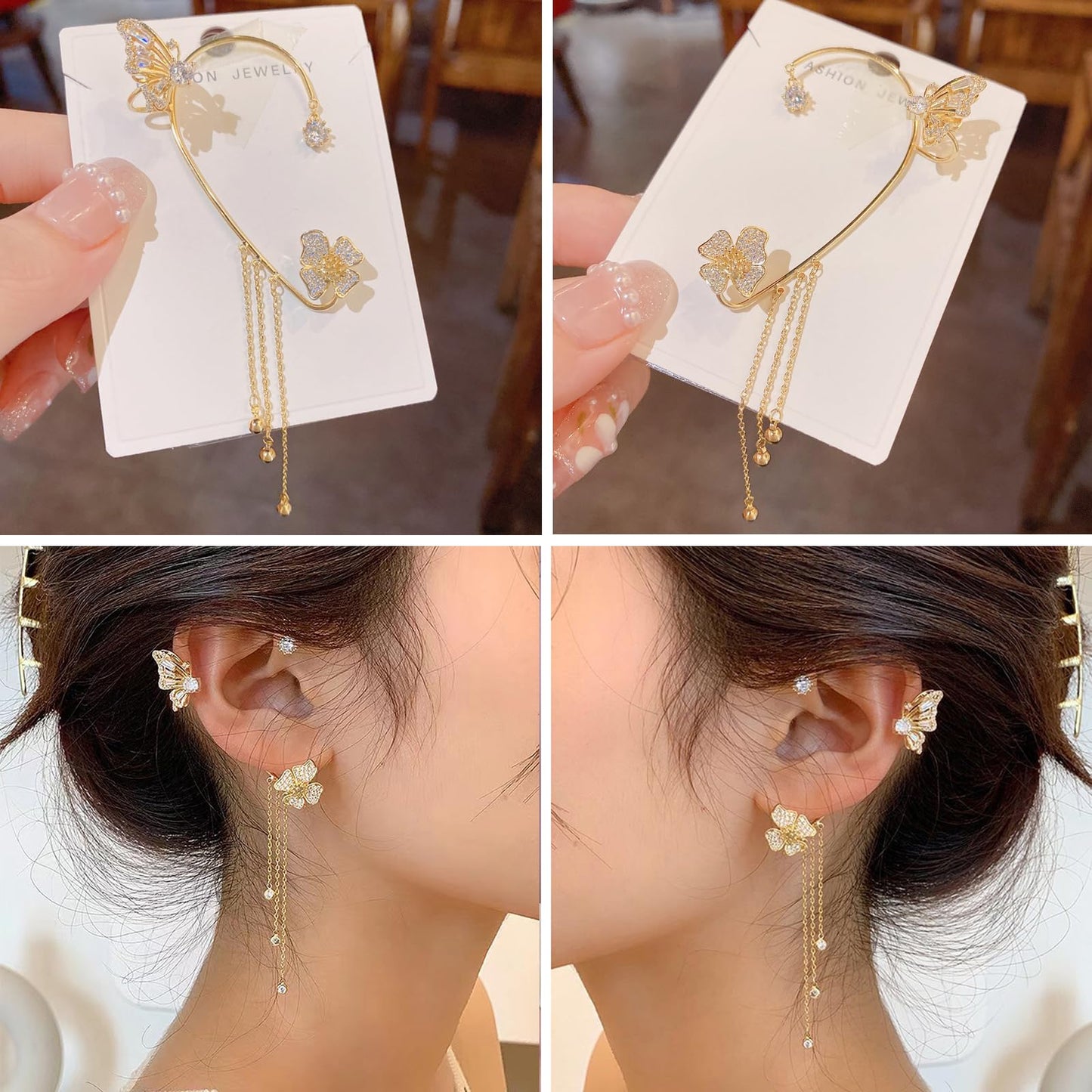 MelleFlarynsun 2Pcs Butterfly Tassel Style Zircon Earrings Ear Cuff for Women Gold Tassel Earrings Non Pierced Flower Wrap Around Ear Clips Fairy Earring Butterfly Dress Jewelry