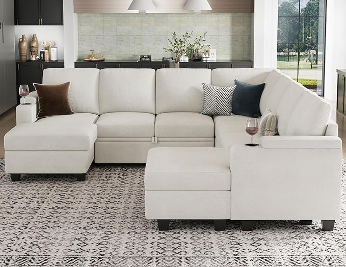 Belffin Modular Sectional Sofa with Pull Out Couch Bed Sectional Couch Convertible Sleeper Sofa with Cup Holder. White