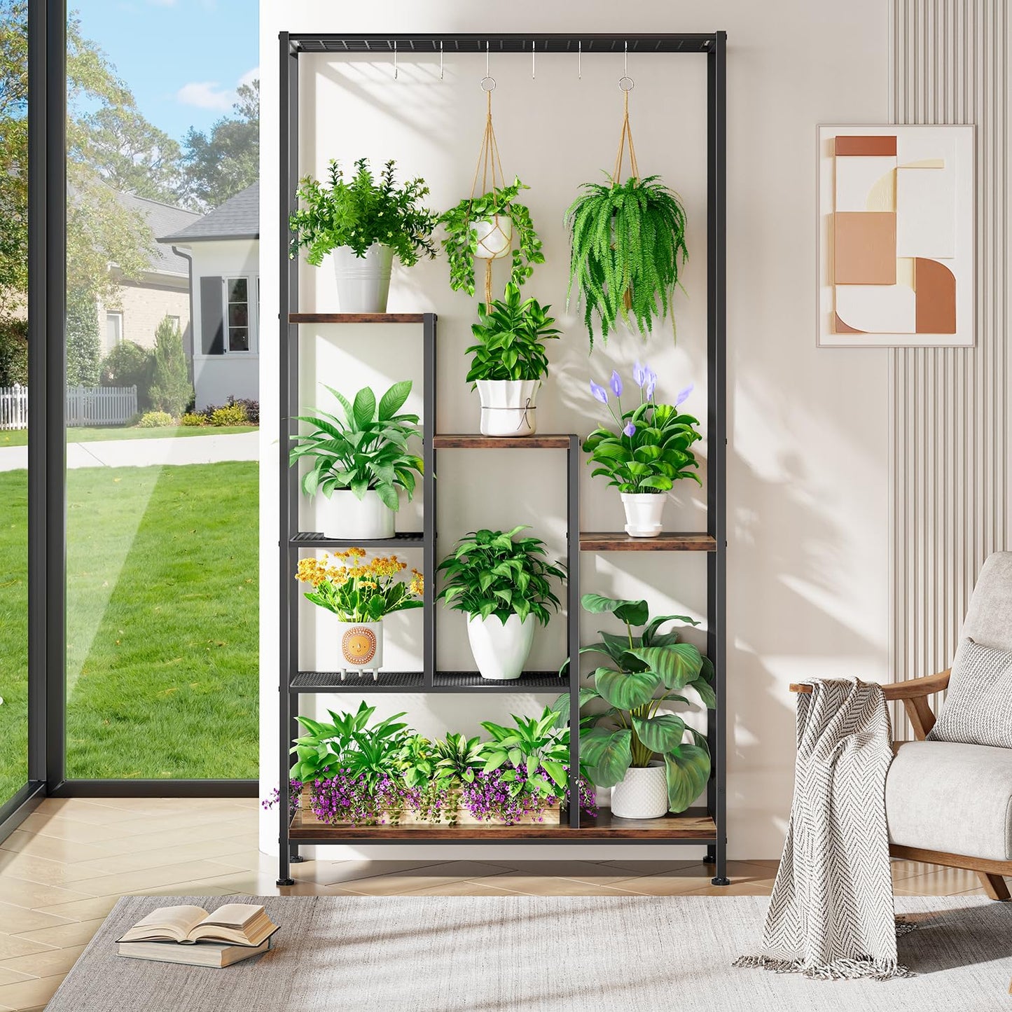 Plant Stand Indoor with Grow Lights - 7-Tier Metal Wooden Plant Shelf Indoor, 67.7" Tall Plant stand, Corner Plant Stand for Living Room, Balcony, Patio & Corner (Rustic Brown)