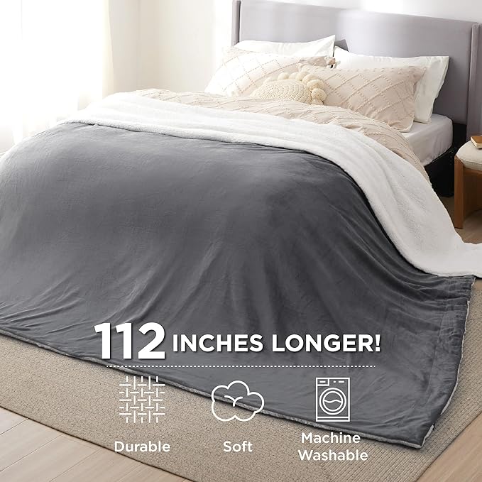 Bedsure GentleSoft Sherpa Fleece Oversized Cal King Blankets for Bed - Thick and Warm Blanket for Winter, Non-Heated, Soft Fuzzy Plush Large Throw for Women and Men, Grey, 112x98 Inches