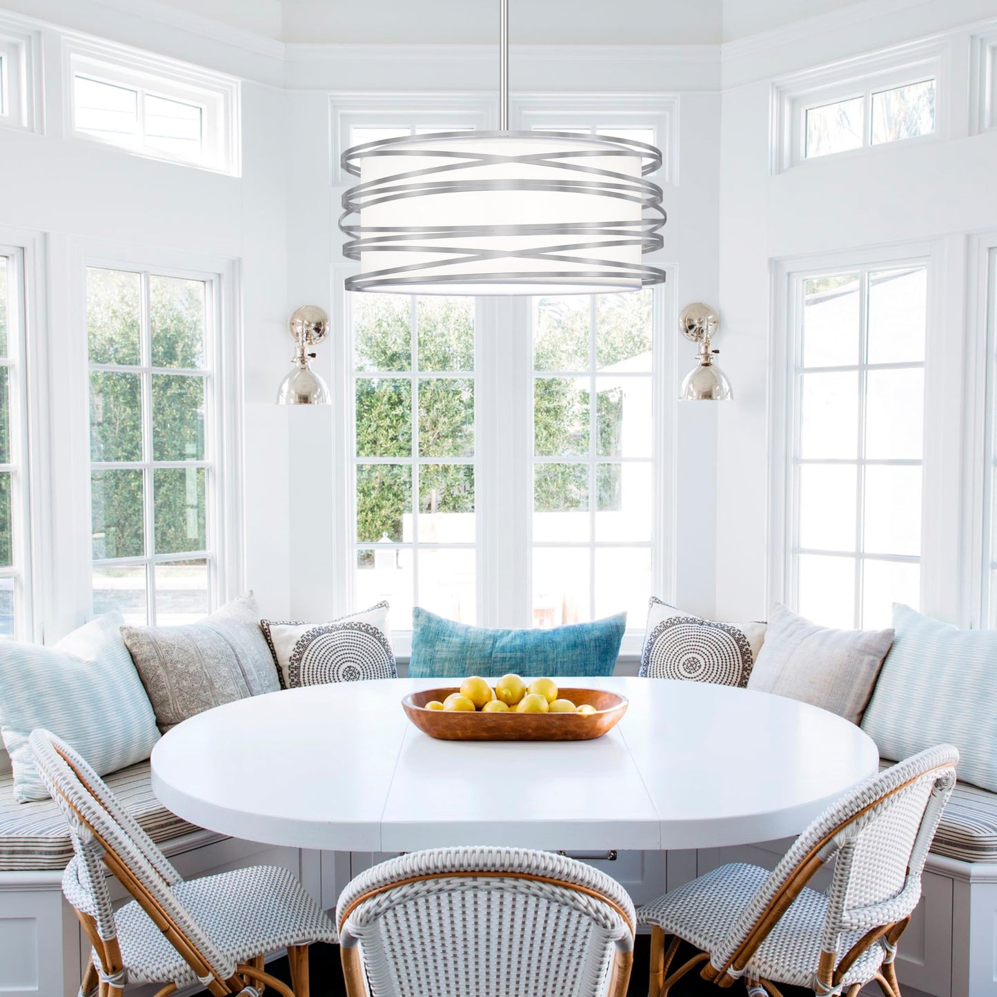 16 inch Modern Drum Pendant Light 3-Lights Brushed Nickel Chandelier Dining Room Light Fixture, Adjustable Ceiling Pendant Kitchen Light Fixture Over Table for Living Room Bedroom