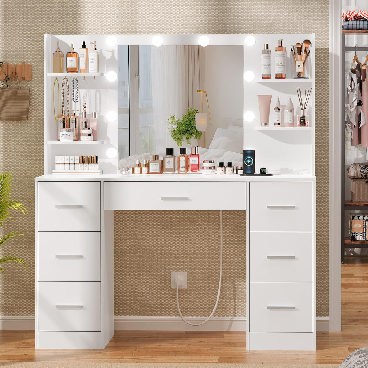 Quimoo Large Vanity Desk with LED Lighted Mirror & Power Outlet,Makeup Vanity Table with 7 Drawers,4 Shelves and 5 Hooks,Vanity Table, Vanity Desk Set for Bedroom,Bathroom,White