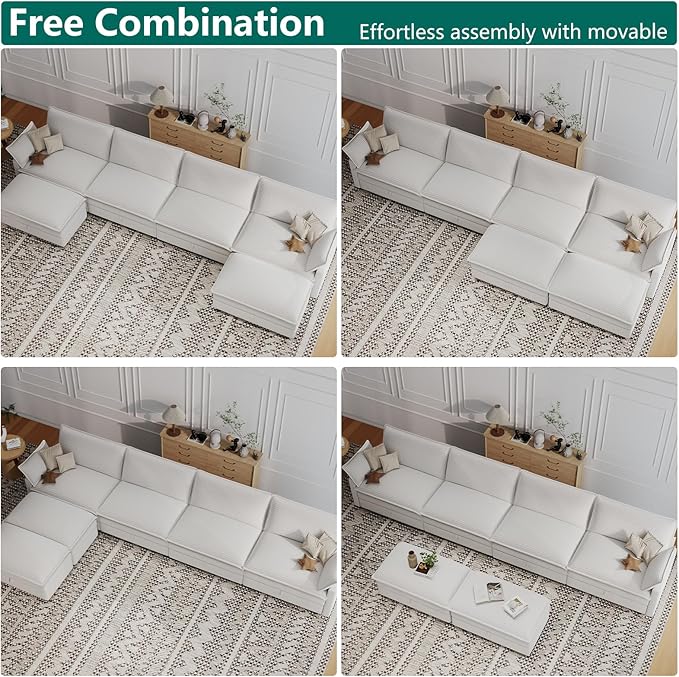 OhaiAura Modular Sectional U Shaped Sofa Couches with Storage Ottoman, Cloud Couch for Living Room, Comfy Sofa with Pillow, White