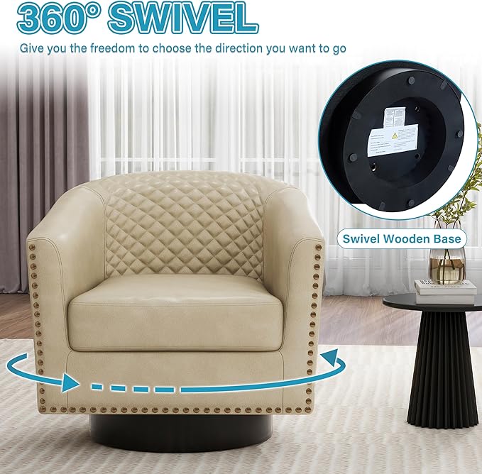 UIXE Swivel Accent Chairs Set of 2, PU Leather Barrel Club Chair for Living Room, Upholstered Round Armchair Comfy Single Sofa Bedroom Reading Seat - Beige