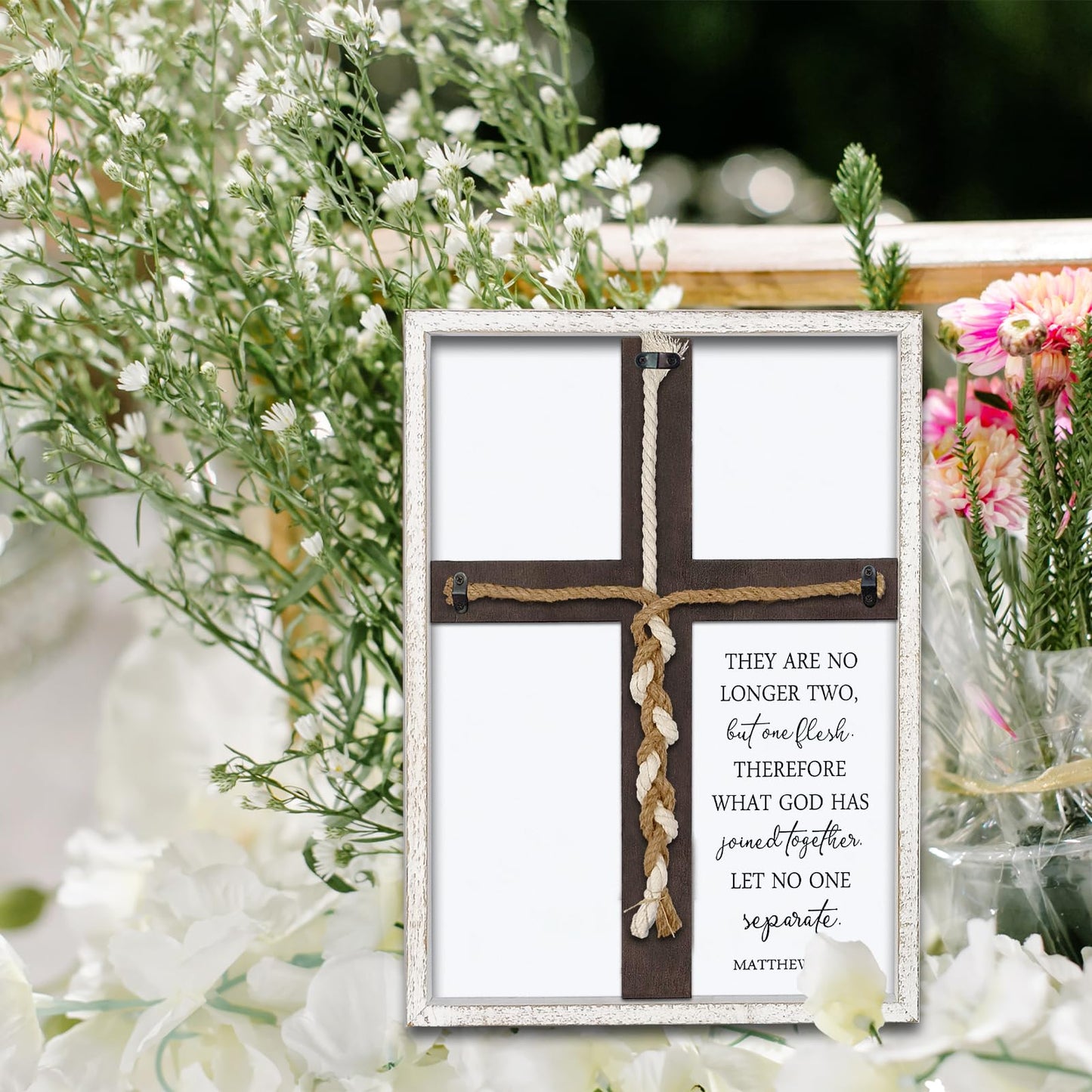 Matthew 19:6 What God Has Joined Sign 15"X10" Cord of Three Strands Braid for Wedding Ceremony Cross Ideas Wood Frame Christian Marriage Gifts Decor for Couple Anniversary Religious (White)