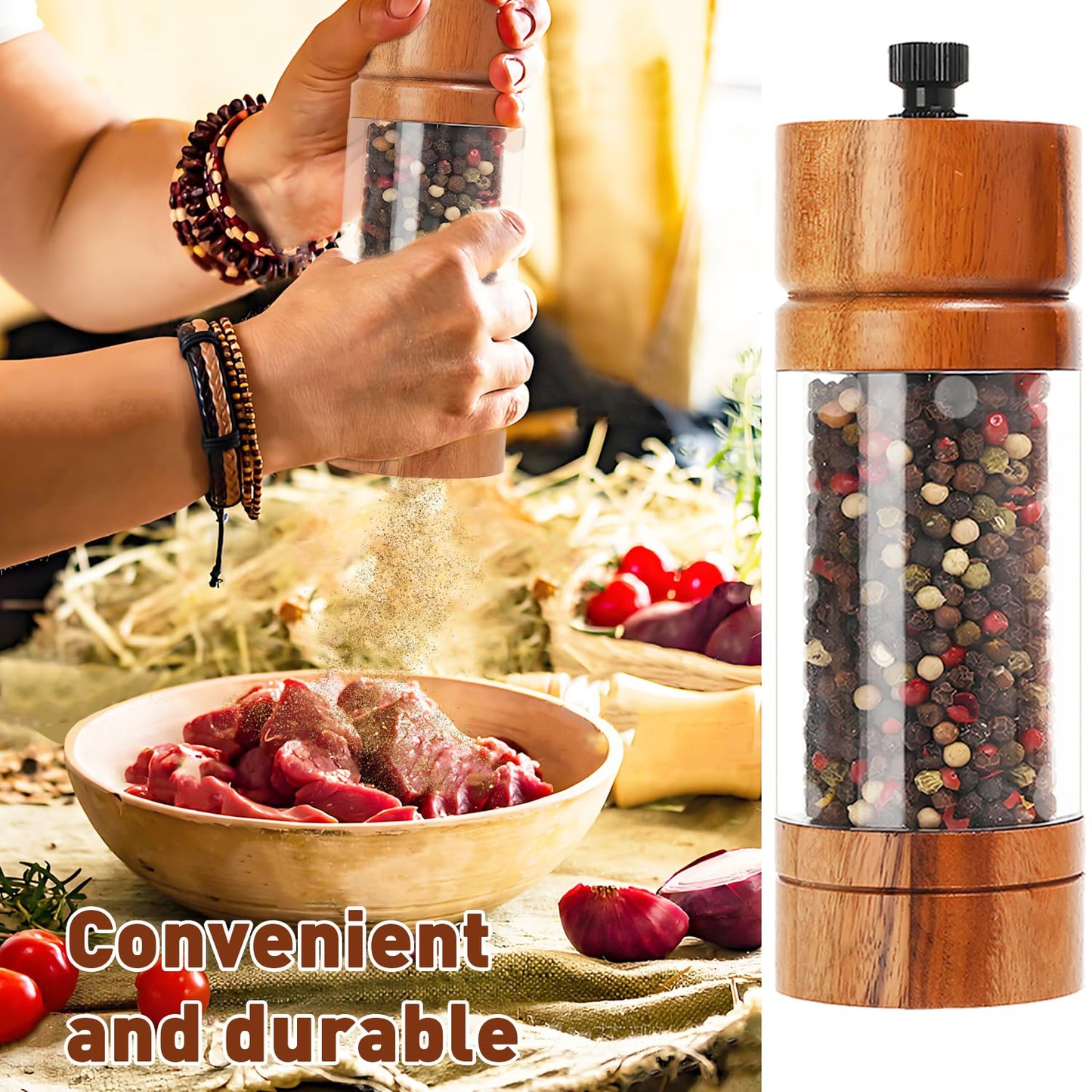 FUSHUI 2 Pack 5.5 Inch Wood Salt and Pepper Grinder Set, Premium Acrylic Salt and Pepper Grinder Set with a Adjustable Ceramic Rotor - Made of High-Grade Acacia Wood Material