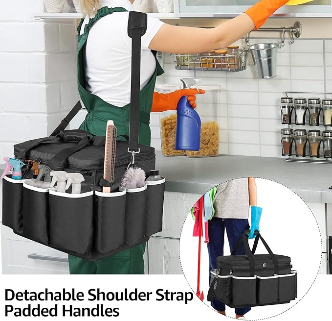 Extra-Large Cleaning Caddy with EVA Hard Bottom, High Capacity Cleaning Supplies Organizer for Housekeeping & Home Work, Cleaner Tools Tote Bag with Shoulder Strap, Patent Design